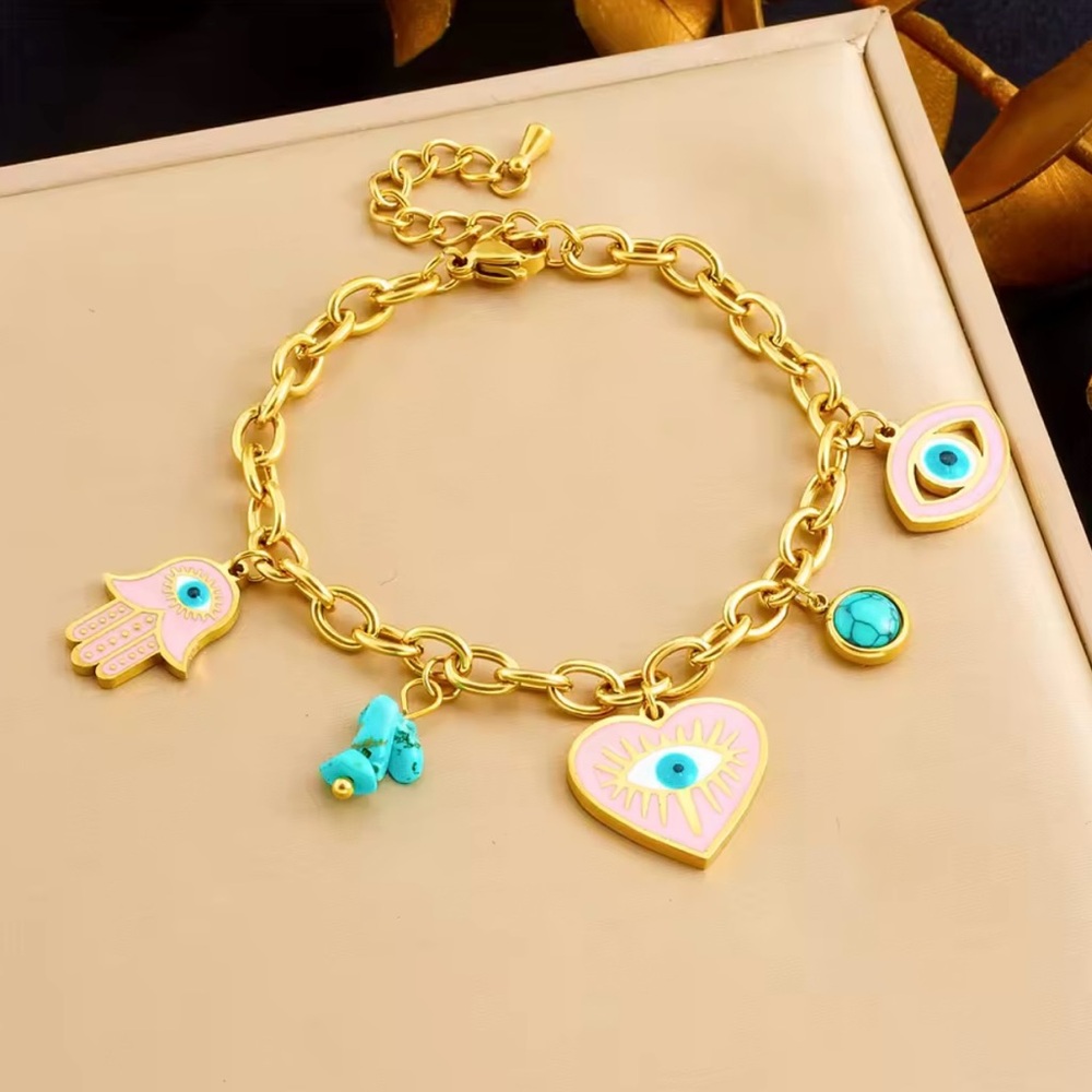 Gold Charm Bracelet with Evil Eye and Hamsa Hand Charms! Pink and Turquoise